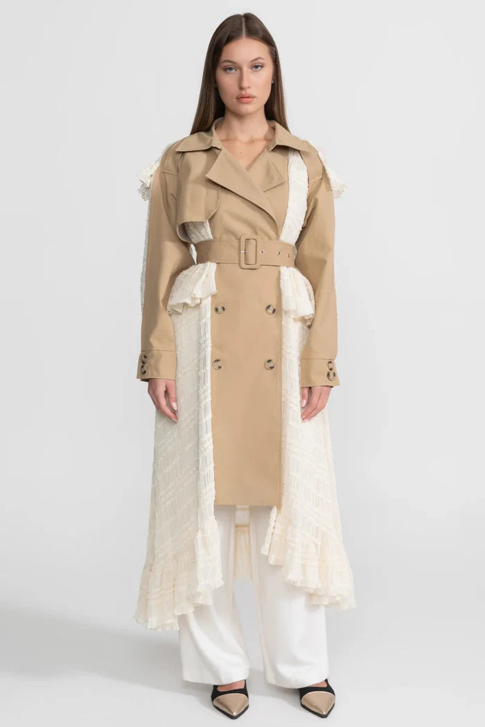 Longline Lace Panel Trench Coat With Belted Waist – Beige