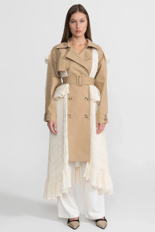 Longline Lace Panel Trench Coat With Belted Waist – Beige