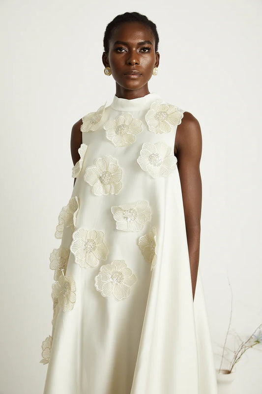 Émilie sleeveless floral-applique maxi dress in White