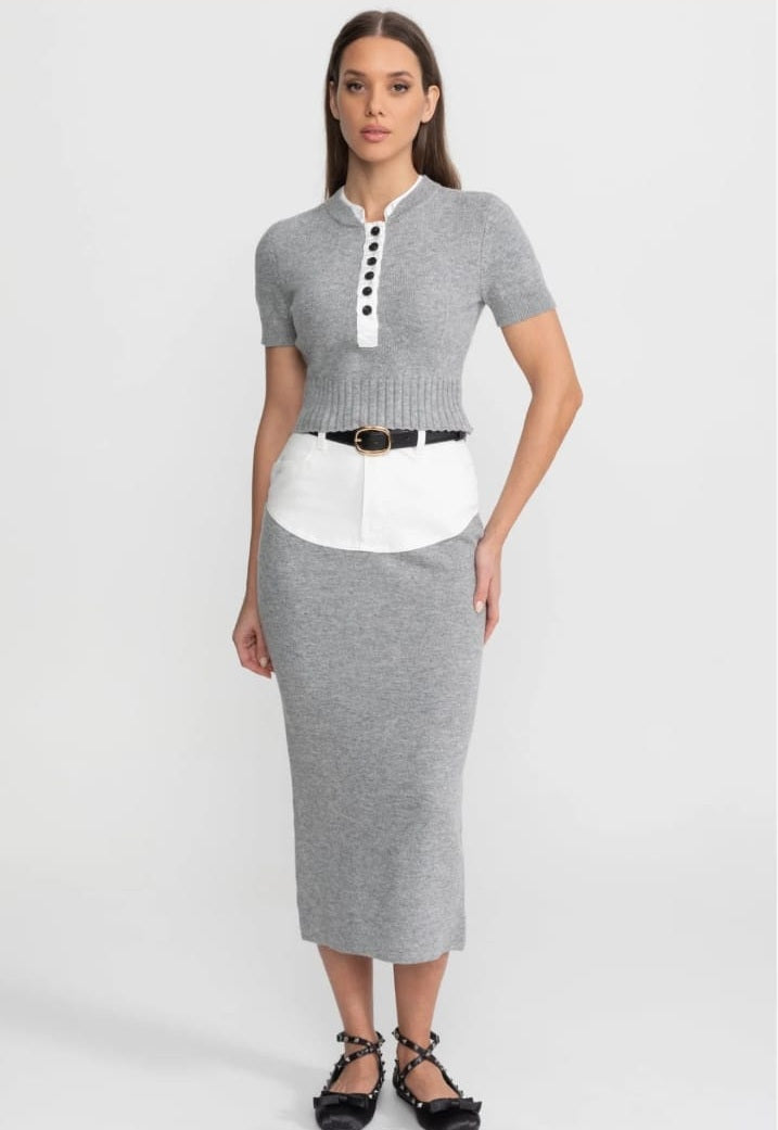 Knit Co-Ord Set with Contrast Shirt Insert Detail – Grey