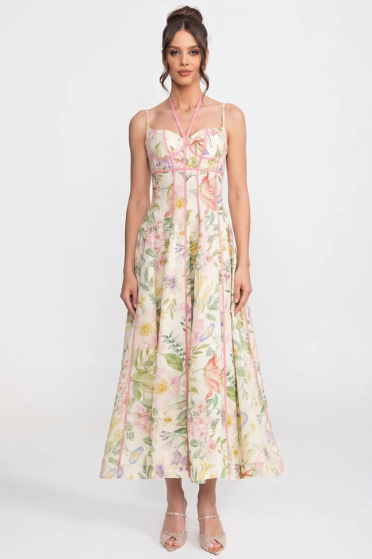 Sweetheart Corset Midi Dress With Floral Print And Pink Ribbon Trim - Multicolor