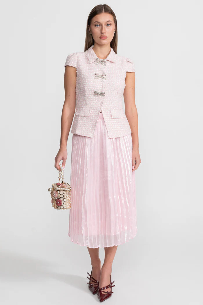 Tweed and Organza Co-ord Set with Crystal Bow Buttons - Pink