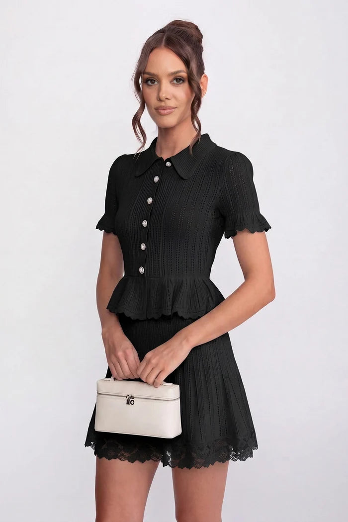 Polo-Collar with Button Top and Mini Skirt Set - Black