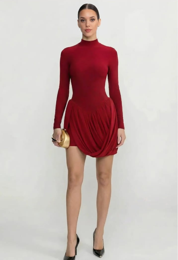 Long Sleeve Mini Dress With Draped Bubble Skirt - Red