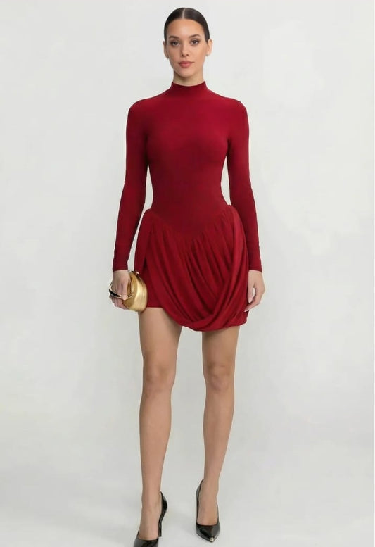 Long Sleeve Mini Dress With Draped Bubble Skirt - Red