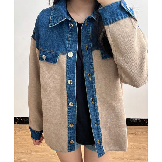 Denim Patchwork Lapel Knitted Jacket