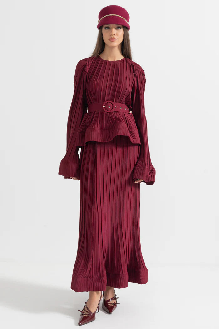 Elegant Ensemble With Pleated Top And Maxi Skirt - Burgundy