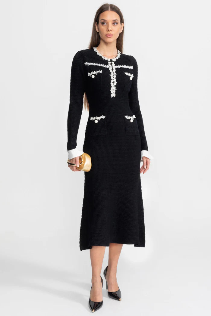 Textured Midi Dress with Contrast Embroidered Trim – Black