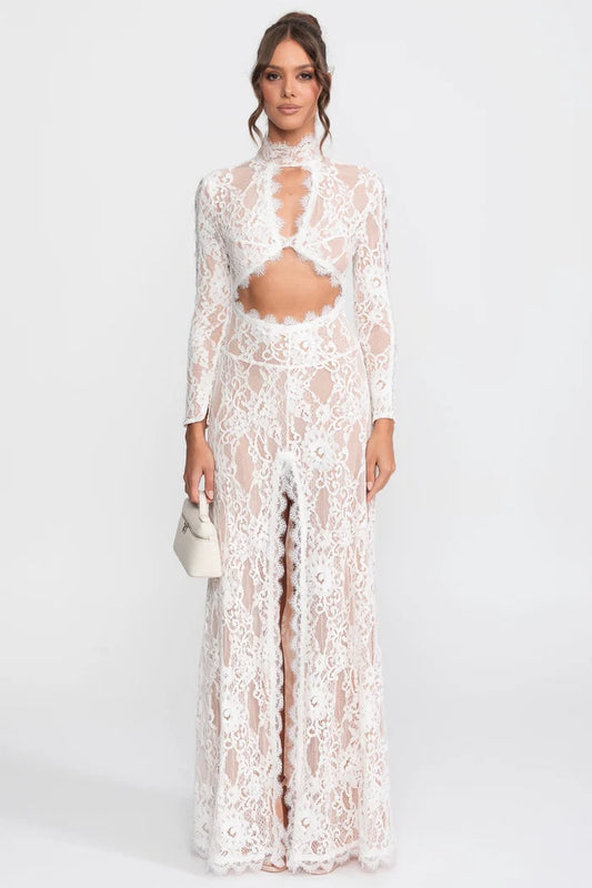 Elegant Lace Gown With High Neck, Front Cutout And Slit - White