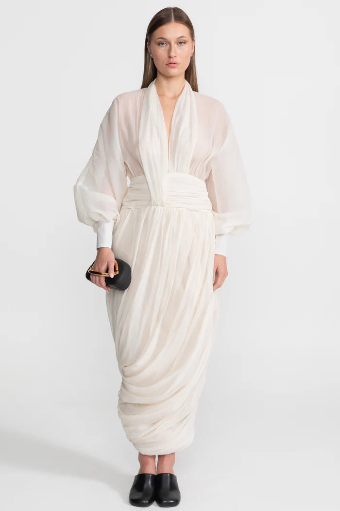 Draped Chiffon Maxi Dress With Long Bishop Sleeves – Ivoire