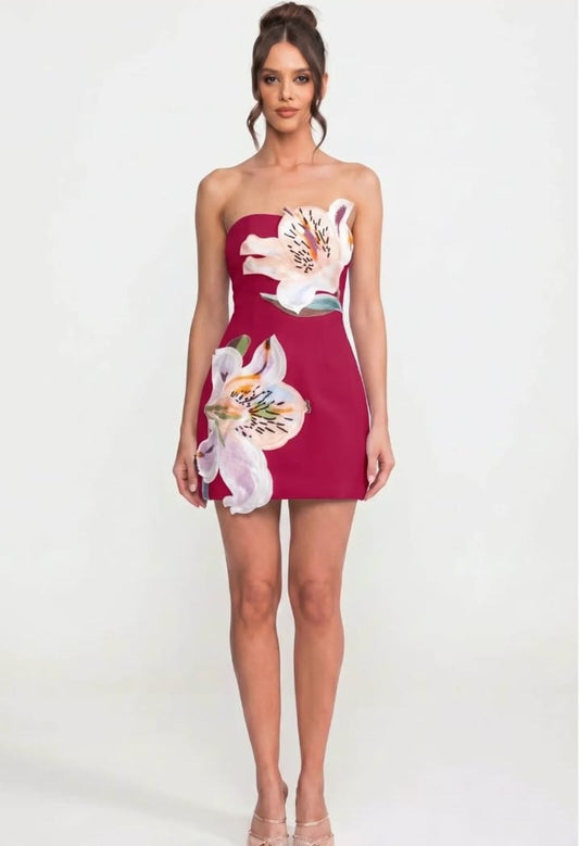 Strapless floral print mini dress with structured bodice - Red