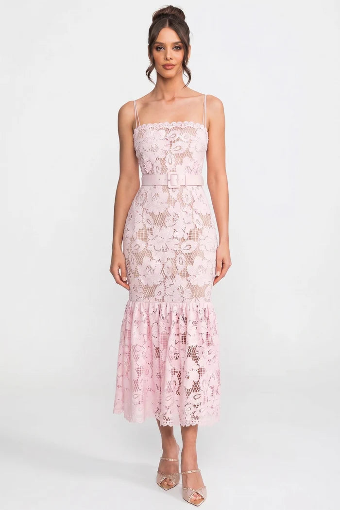 Lace Midi Dress With Belted Waist And Flounce Hem - Pink