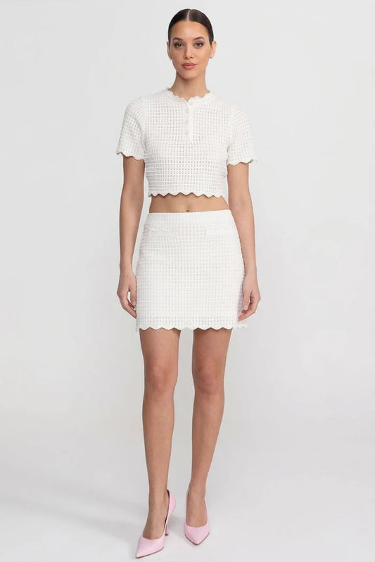 Cropped Co-Ord Set With Scalloped Edges - White