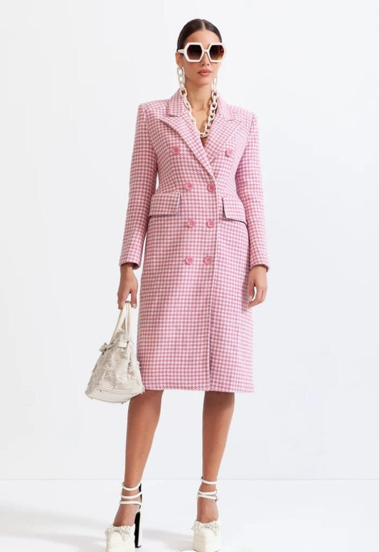 Houndstooth Coat with Pointed Shoulders - Pink