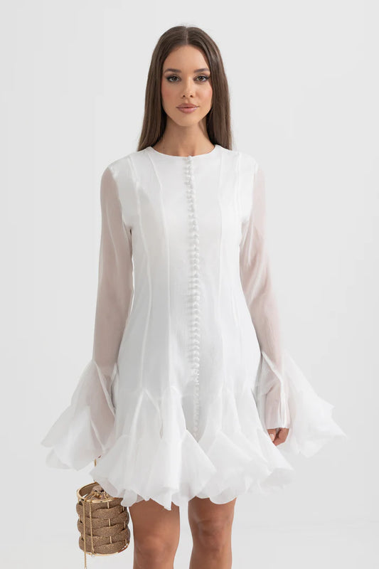 Elegant Silhouette Dress With Flared Sleeves And Hemline - White