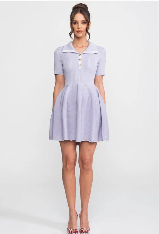 Ribbed Knit Mini Dress With Open Polo Collar And Jewel Buttons - Lilac