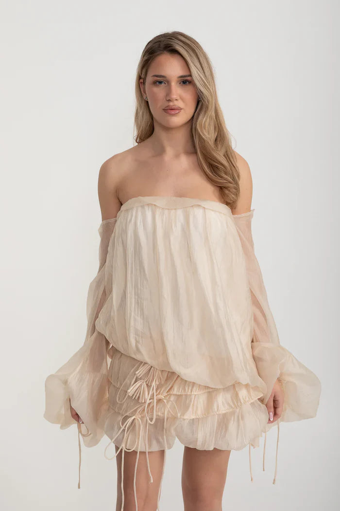 Sleeveless Draped Mini Dress With Ruffled Skirt - Ivoire