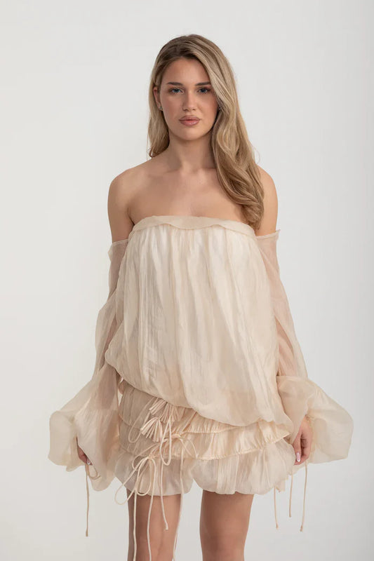 Sleeveless Draped Mini Dress With Ruffled Skirt - Ivoire