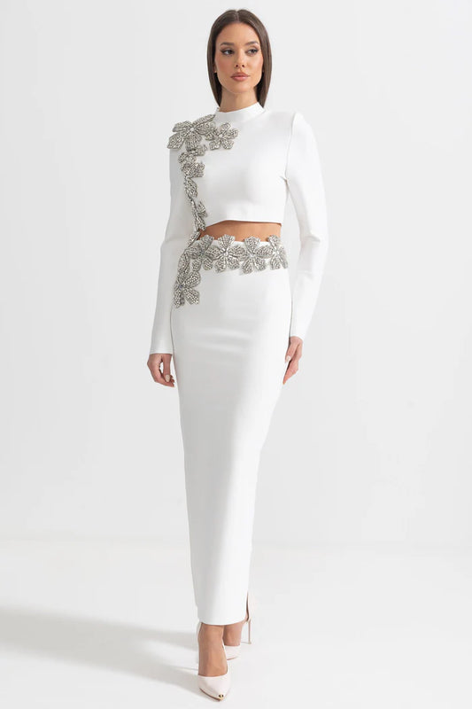 Diamond Flower Accent 2 Piece Set With Long Sleeves Top And Maxi Skirt - White