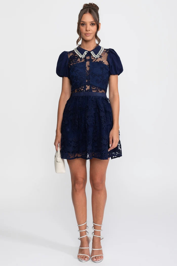 Puff Sleeves Lace Mini Dress With Pearl Collar - Navy