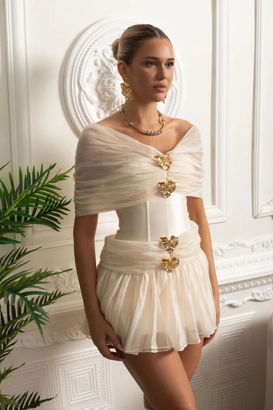 Off-Shoulder Corset Mini Dress with Gold Embellishments - Ivoire