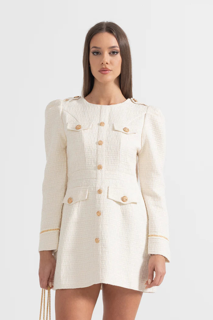 Textured Mini Dress With Gold Buttons And Front Pockets - Ivoire