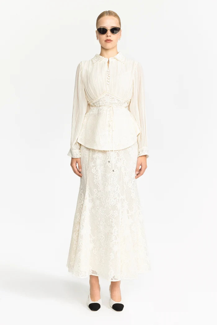 Pleated Chiffon Lace Peplum Blouse and Maxi Skirt Set - Ivoire