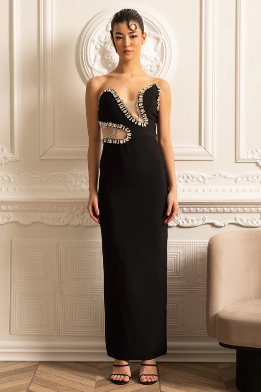 Elegant Fitted Dress With Front Cutouts And Sparkling Embellishments - Black
