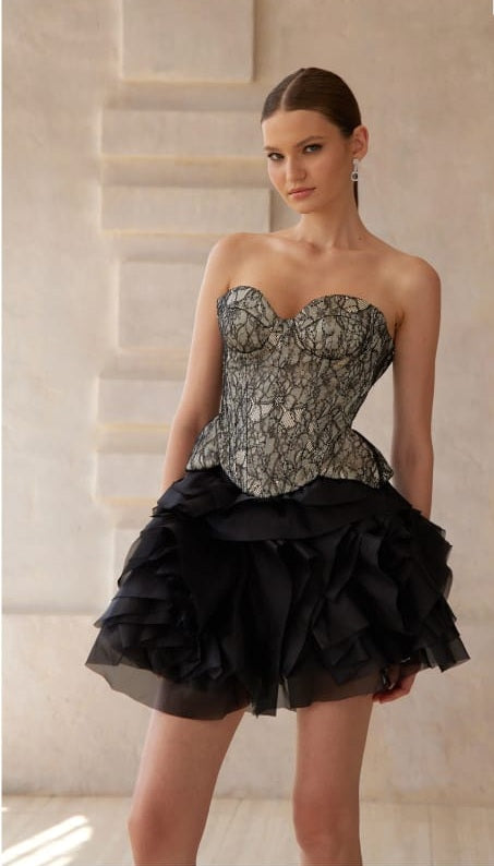 Lyra Black Lace Top & Tiered Skirt Set