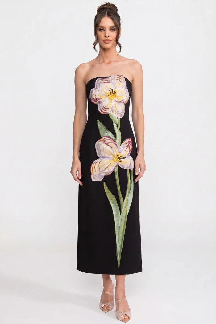 Strapless Floral-Print Midi Dress With Column Silhouette - Black