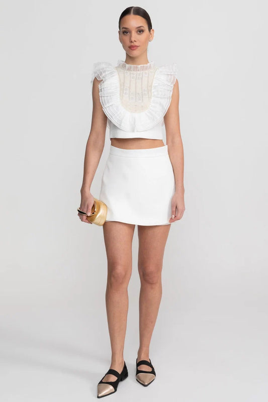 Sleeveless Co-Ord Set With Pleated Ruffle Bib Detail - White