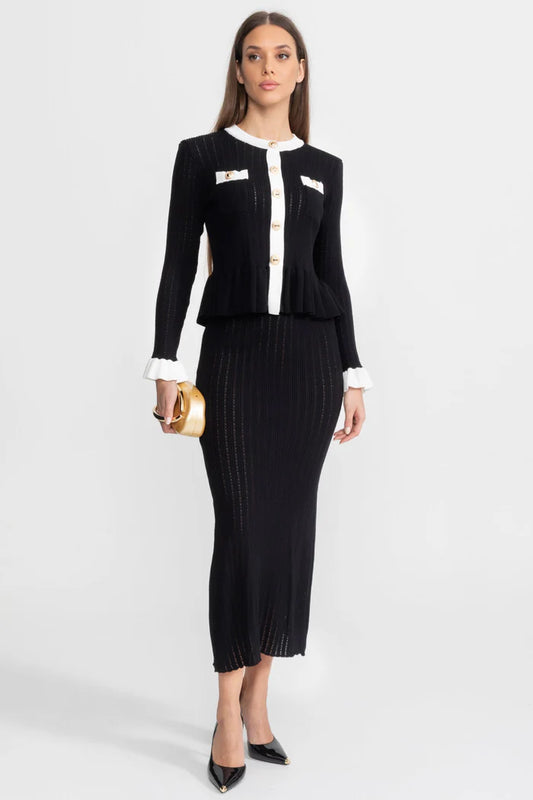 Pointelle Knit Midi Co-Ord with Contrast Trim – Black