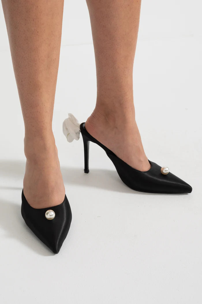 Satin Slingback Heels with Pearl and Organza Flower Detail - Black