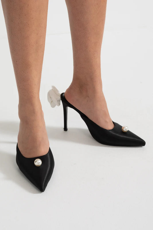 Satin Slingback Heels with Pearl and Organza Flower Detail - Black
