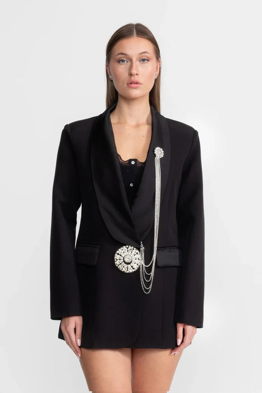 Crystal Brooch Blazer With Shawl Lapels – Black