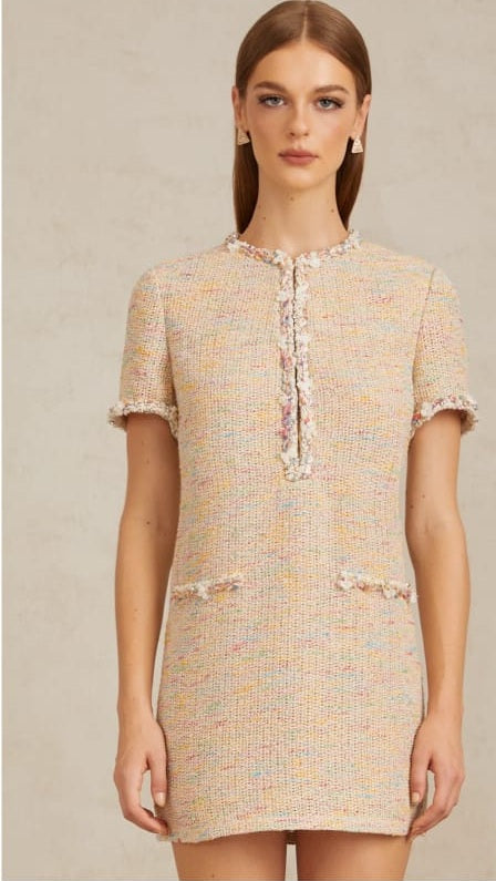 Palme Neutral Embellished Crochet Knit Mini Dress