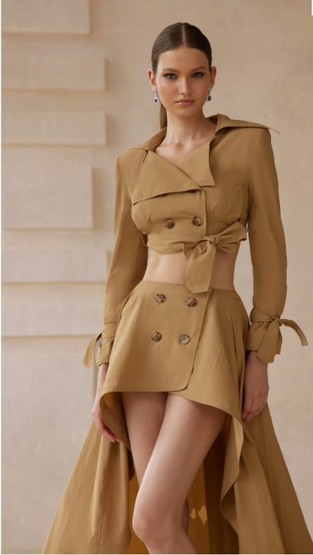 Maelle Khaki Cropped Trench Jacket & Skirt Matching Set