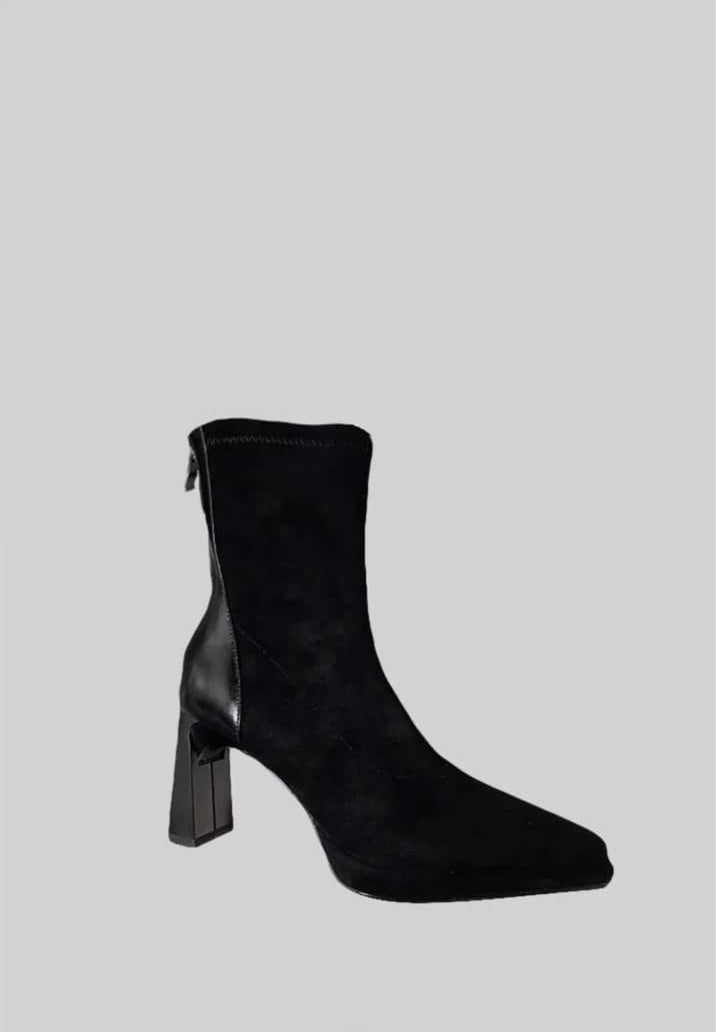 Glossy Heel Suede Ankle Boot - Black