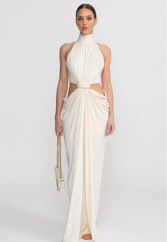 Long dress with high collar and halter neck with a cut-out tied at the waist - Ivory