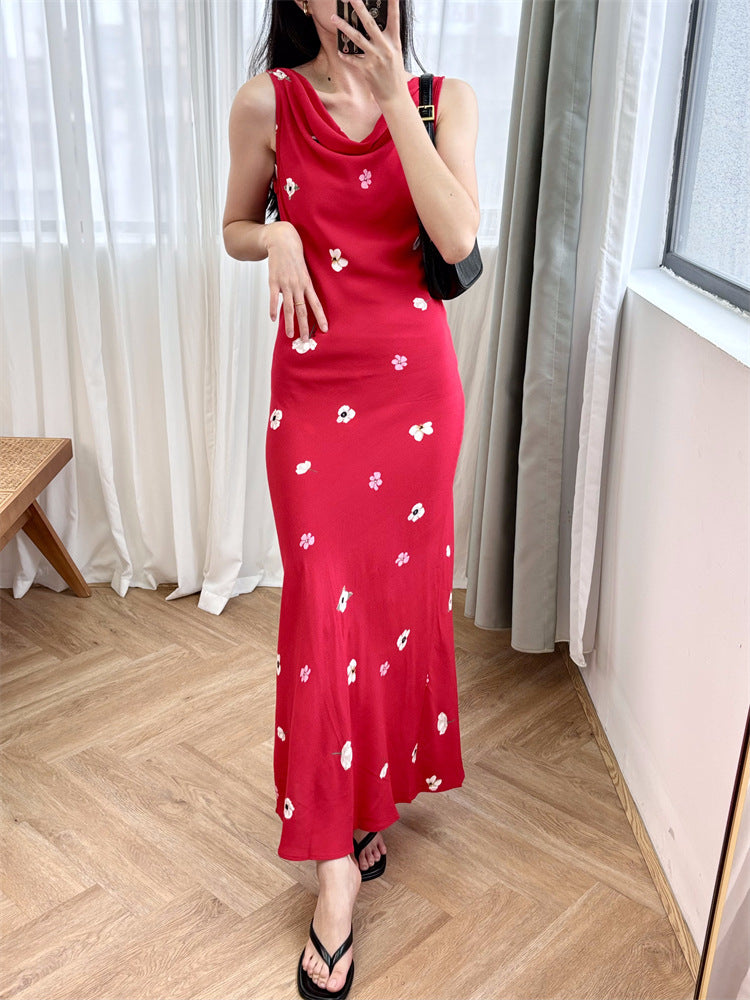 Flower print red dress silk