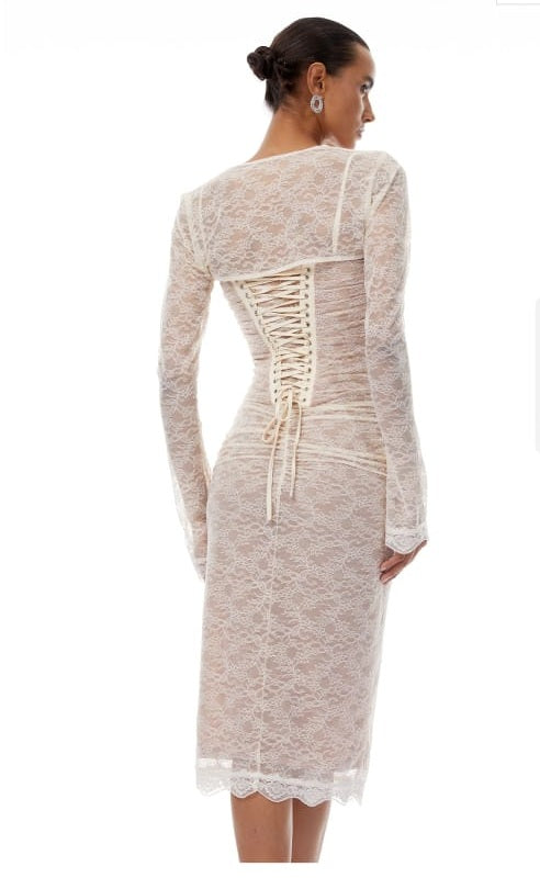 Valérie Neutral Floral Lace Ruched Shawl & Dress Set