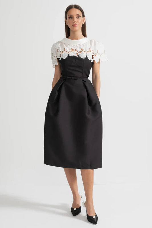 Elegant Midi Dress with Contrasting Floral Lace Cape Detail - Black