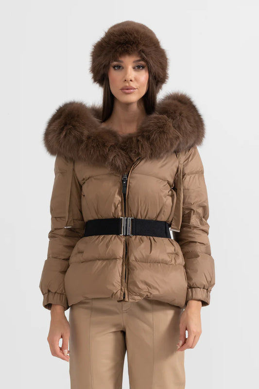 Puffer Jacket With Waistbelt And Brown Fox Fur-Lined Hood