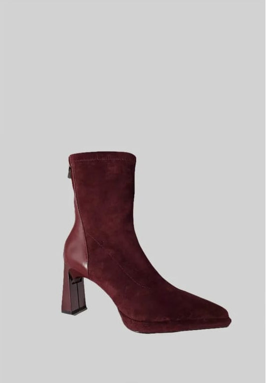 Glossy Heel Suede Ankle Boot - Burgundy