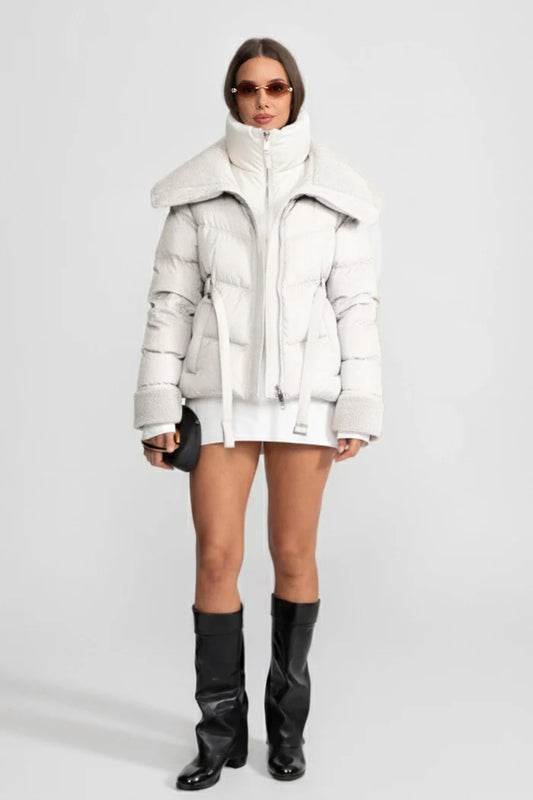 Puffer Jacket with Oversized Shearling Collar And Cuffs - White