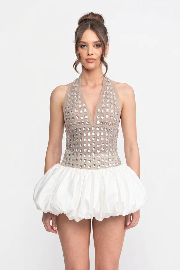 Crystal-Embellished Halter Mini Dress With Bubble Skirt - White