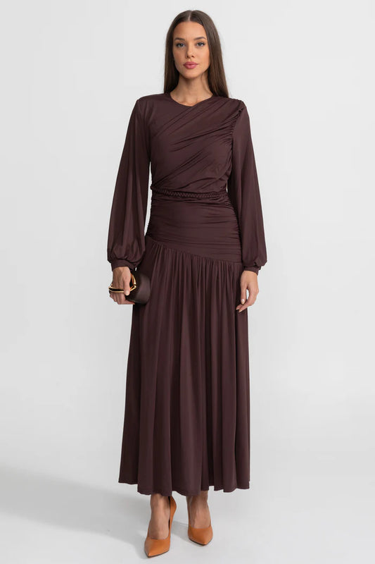 Draped Maxi Dress with Braided Waist Detail - Brown