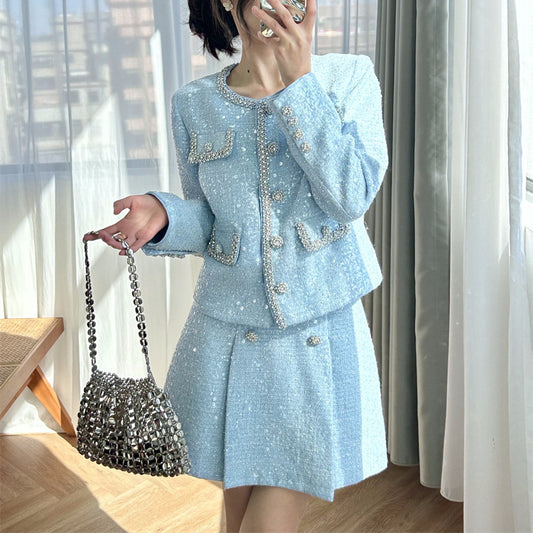 Diamond trimmed tweed jacket + skirt small fragrance suit