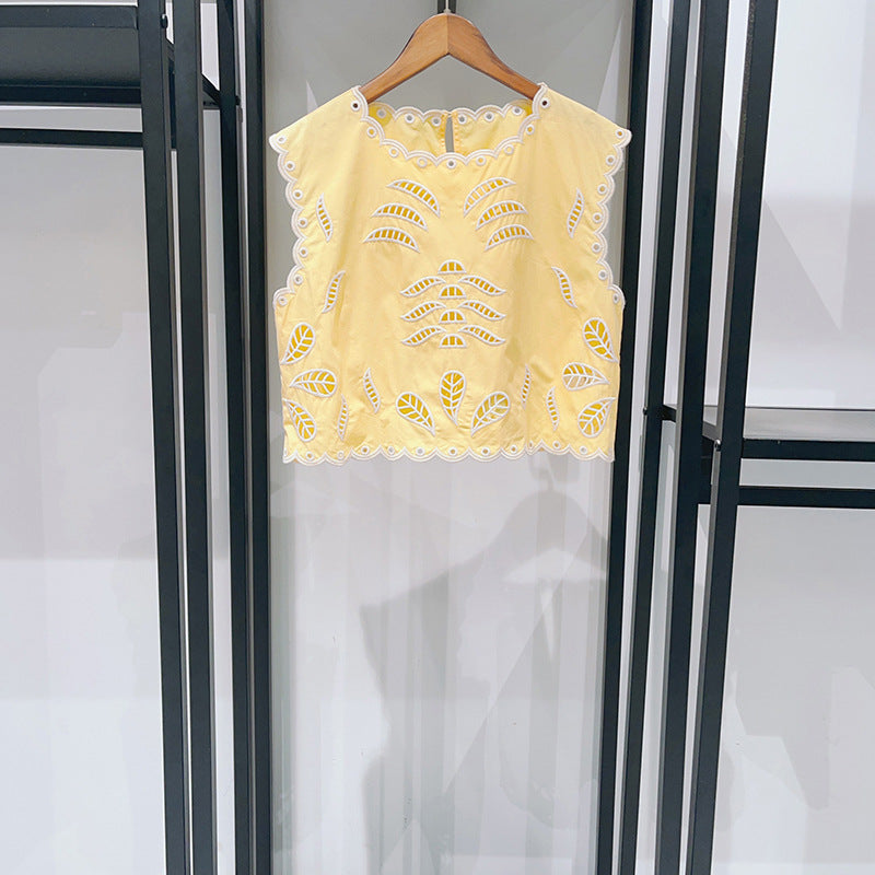 Carved Sleeveless White Trim Short Top Long Skirt