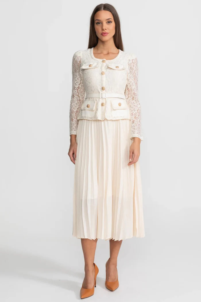 Lace and Pleated Midi Dress with Gold Button Detailing - Ivoire